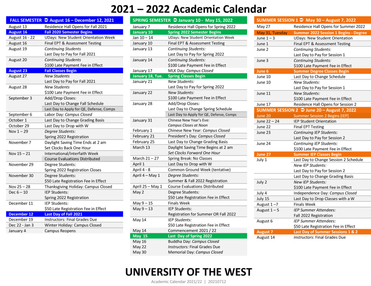 Academic Calendar University of the West