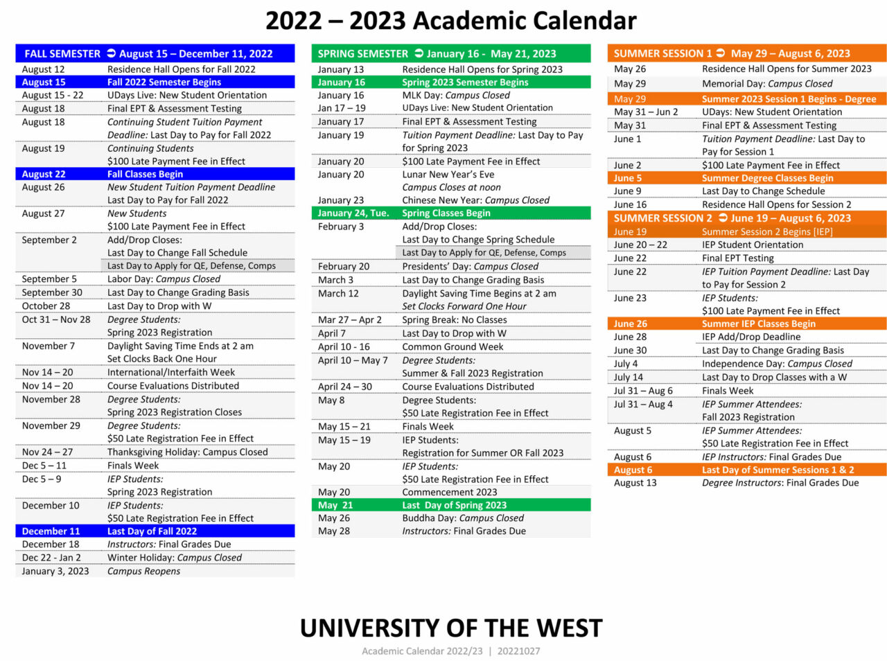 Academic Calendar University of the West